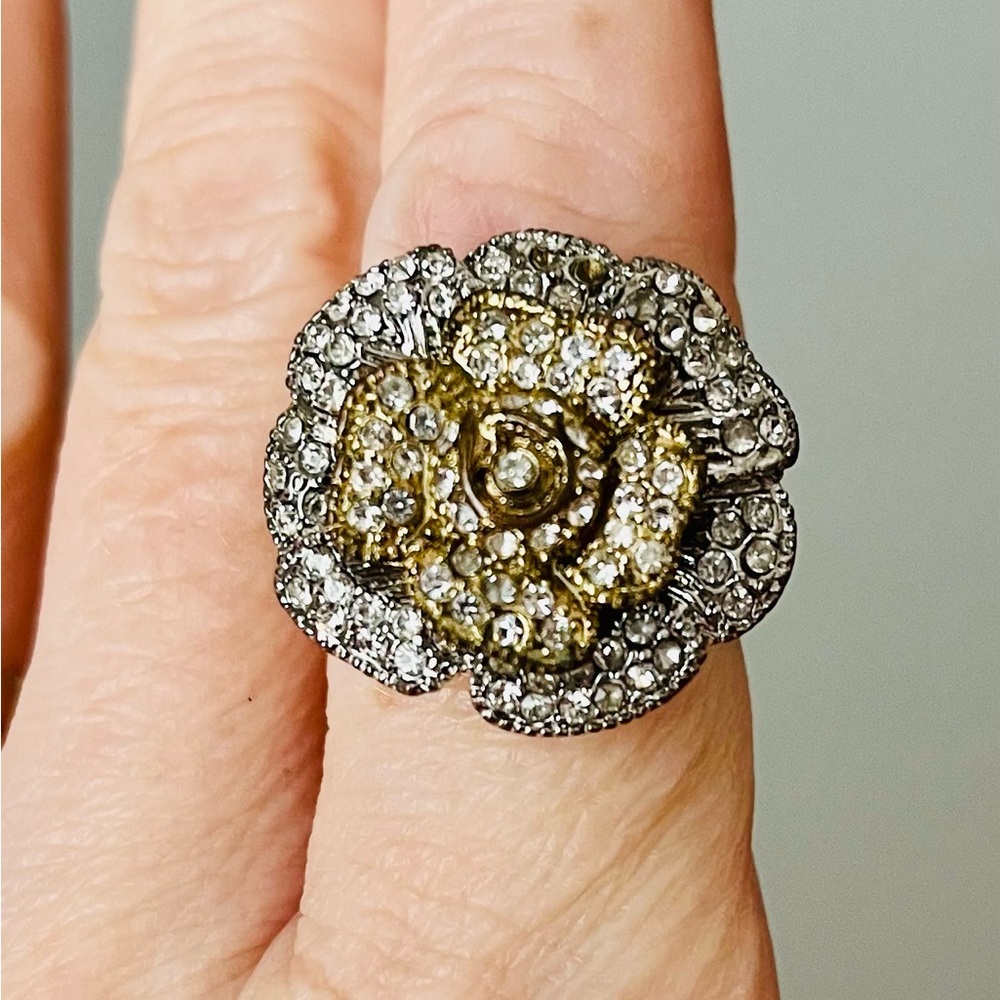 Vintage Two-Tone Crystal Floral Ring | Ornate Statement | Antique Boutique Find